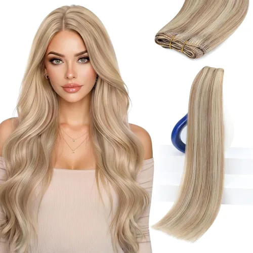 Sunny Hair Extensiones de cabello humano con reflejos, cosidas en rubio ceniza, mezcla de rubio decolorado, doble trama, cabeza completa, cortas y