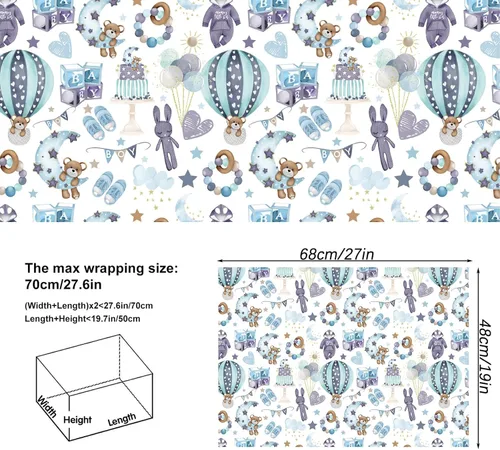 Miniatura 4 de Dtiafu Papel de regalo para baby shower para bebé niño – 12 hojas de papel de regalo azul bebé con patrón de oso estrella, pastel, luna y dulces