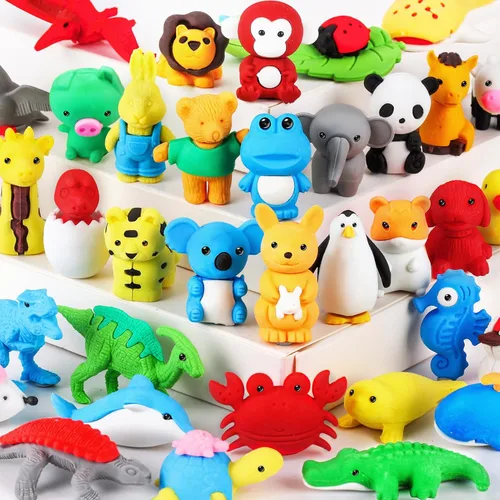 URSKYTOUS 36 piezas de borradores de animales, mascotas de escritorio para niños, borradores de lápiz, rompecabezas 3D a granel, mini juguetes de