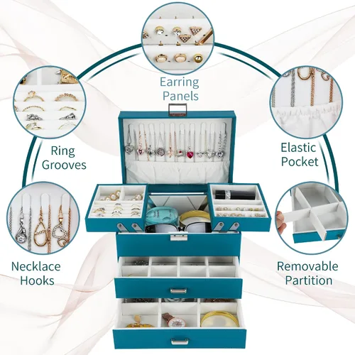 Miniatura 4 de Dajasan Organizador de joyero, caja organizadora de joyas, caja de almacenamiento de joyería de cuero de 4 capas, idea de regalo para mujeres