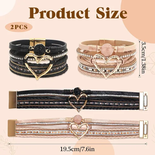 Miniatura 2 de 2 pulseras bohemias de cuero tejido multicapa con incrustaciones de diamantes de imitación en forma de corazón, apilables, joyería para mujer