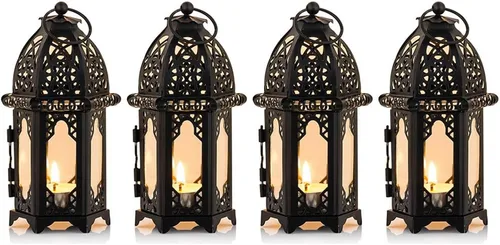 Miniatura 12 de NUPTIO Portavelas colgantes, 6 unidades, farol, centro de mesa, de cristal, hexagonal, marroquí, portavelas, color negro