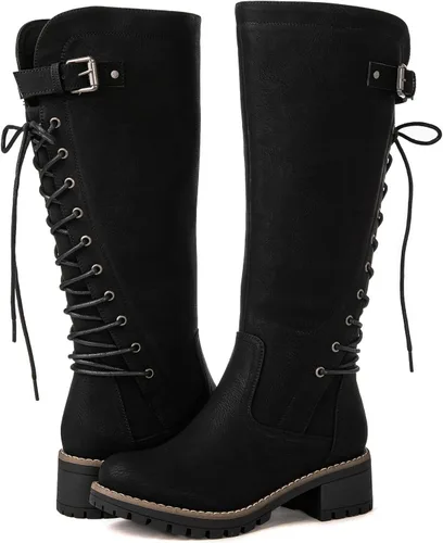 Miniatura 2 de GLOBALWIN - Botas de combate de equitación altas con cordones para mujer, cómodas botas góticas de motocicleta para mujer con cremallera y tacón
