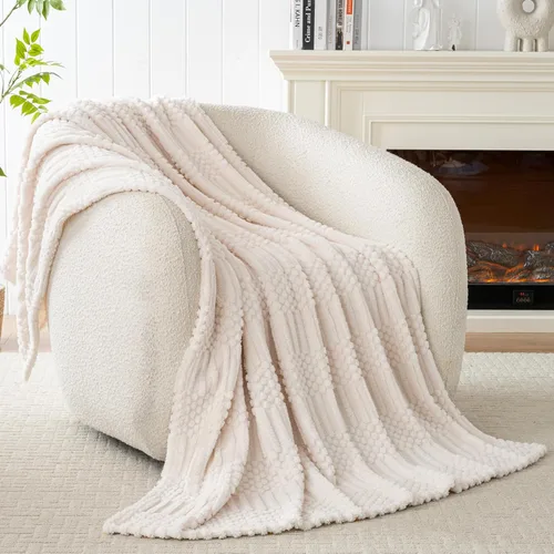 Miniatura 7 de Manta de Tiro Beige de 50 x 70 pulgadas, forro polar suave y esponjoso, bonita y estética, perfecta para sofá, sillón, silla, cama, sala de estar
