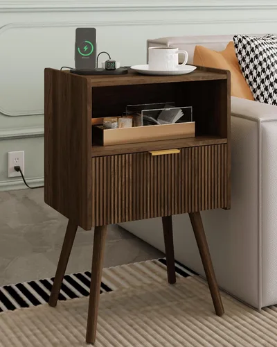 Miniatura 11 de Veegle Mesita de noche, moderna mesita de noche con cajón de almacenamiento y estante de madera abierta, mesita de noche decorativa con patas