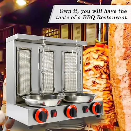 Miniatura 5 de Máquina Shawarma XGN Parrilla de Kebab Vertical Asador Giratorio con 3 Quemadores y 2 Espetos Giratorios Automáticos para Rosticería de Carne, Asado