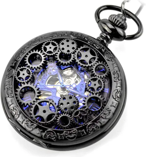 Miniatura 5 de Avaner Steampunk Retro Half Hunter Copper Gear Skeleton Hand Wind Mecánico Número romano árabe Pantalla analógica Reloj de bolsillo con cadena de 14