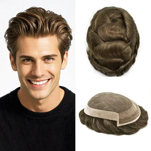 Miniatura 43 de Toupee Hair System For Men Real Human Hair Swiss Lace Mens Toupee Men Hair Replacement System Natural Hairline Mens Hairpieces 6X8"-80% light