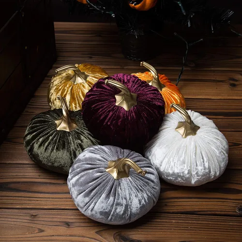Miniatura 3 de Ogrmar Juego de 6 calabazas de terciopelo hechas a mano, calabaza rellena súper suave con exquisita artesanía para decoración de otoño, Halloween
