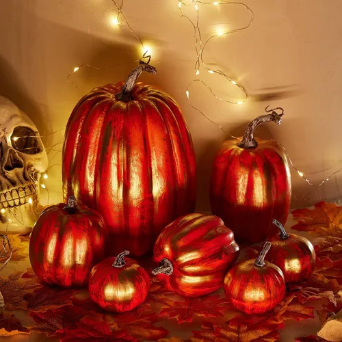 Miniatura 2 de Lizxun 7 calabazas artificiales de Halloween de espuma de imitación de calabaza naranja, calabazas de espuma de cosecha de otoño para otoño, Acción