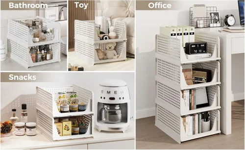 Miniatura 7 de Pinkpum Paquete de 6 organizadores de armario, cesta apilable de plástico para ropa, contenedores de almacenamiento apilables para estantes, Blanco