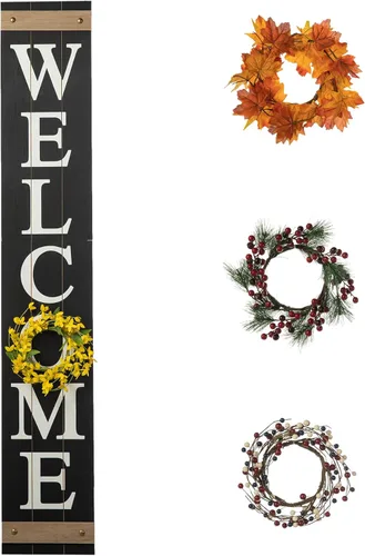 Miniatura 10 de Glitzhome - Letrero con palabra en inglés «Welcome» para puerta delantera, porche, rústico, de madera, con 3 coronas de flores intercambiables