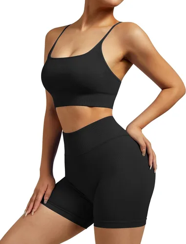 Miniatura 4 de RXRXCOCO Conjuntos de entrenamiento para mujer, 2 piezas, conjuntos de yoga acanalados, sin costuras, cintura alta, pantalones cortos con brasier