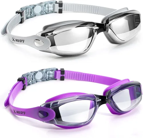 Keary Paquete de 2 gafas de natación antivaho para adultos, jóvenes y niños mayores de 6 años, gafas de triatlón impermeables contra los rayos UV