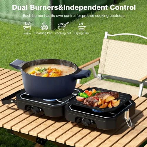 Miniatura 3 de Estufa de camping portátil de propano Estufa de campamento con calor ajustable independientemente y bolsa de transporte, estufa de gas plegable
