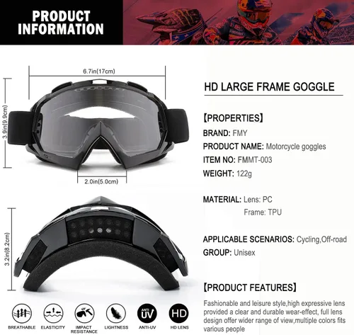 Miniatura 2 de FMY Gafas de motocross para hombres, mujeres y jóvenes, antiarañazos, a prueba de polvo, UV400 ATV Lente negro-transparente