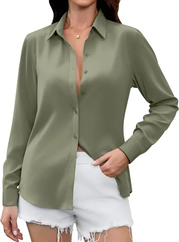 Miniatura 8 de Camisas Premium de Seda Satinada Suave y Transpirable con Botones para Mujer, Blusas de Manga Larga, Tops de Trabajo Casuales