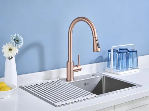 Miniatura 8 de Delle Rosa Grifo de cocina de cobre y oro rosa, montaje en cubierta, acero inoxidable 304, manija única, configuración de rociado de 3 vías, fácil
