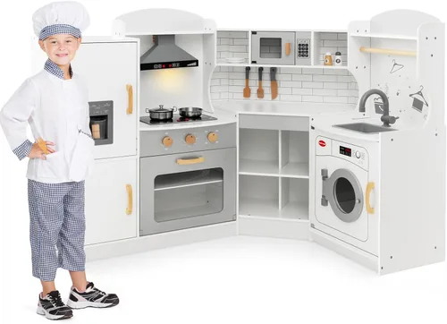 Costzon Juego de cocina esquinera para niños, cocina de madera con sonidos y luces, lavadora, campana extractora, máquina de hielo, microondas,