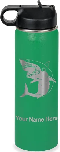 Miniatura 38 de LaserGram Botella de agua personalizada, gran tiburón blanco, acero inoxidable de doble pared aislada al vacío con popote superior, regalo grabado