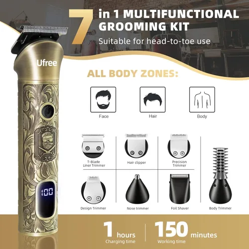 Miniatura 3 de Ufree Cortadora de barba para hombres, afeitadora eléctrica, kit de corte de pelo inalámbrico para bigote, cuerpo, nariz, oreja, cabello facial, kit