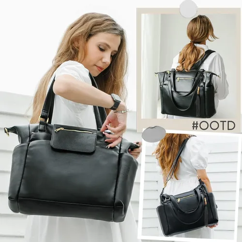 Miniatura 2 de Omanmoli Bolsa de pañales de cuero para pañales, mochila grande para pañales para bebé, 14 bolsas organizadoras, cambiador, correa cruzada, 4 Negro