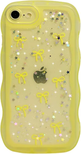 Miniatura 79 de Qokey Funda para iPhone 12 Pro Max de 6.7 pulgadas, diseño de onda rizada, borde transparente, brillante con purpurina, estrella brillante, bonita