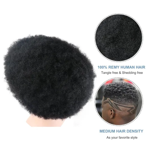 Miniatura 3 de Pelucas Afro Rizadas Toupé para Hombres Pelucas para Hombre Afroamericano Negro Unidad de Cabello Masculino Negro Rizado Afro Tejido Masculino