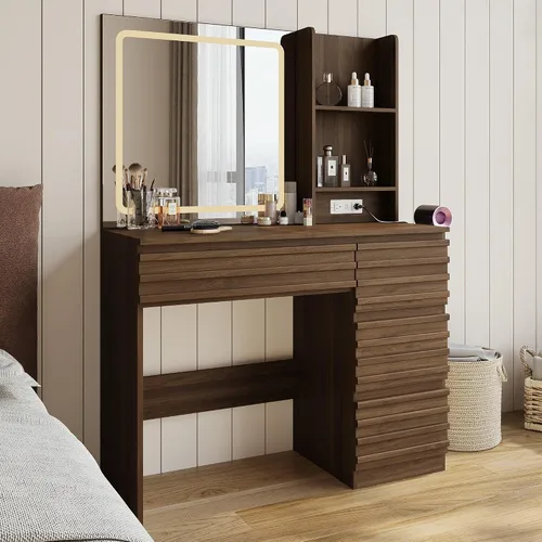 Miniatura 13 de Escritorio estriado con espejo y luces HD, mesa de tocador de maquillaje de madera con 4 cajones y estantes abiertos, juego de tocador de mediados