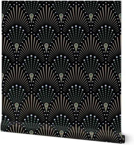 Muestras de papel tapiz para despegar y pegar, ventilador Art Deco negro, verde, marrón, dorado, geométrico, puntos geométricos, papel tapiz
