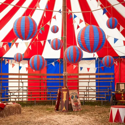 Miniatura 5 de Hortsun 12 Pcs Carnival Circus Decorations Red and Blue Striped Paper Lanterns Chinese Hanging Paper Lanterns for Carnival Circus Wedding Birthday