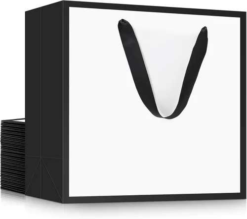 Miniatura 48 de EUSOAR Bolsas de papel de regalo de tamaño pequeño, paquete de 25 bolsas de papel negro resistentes de 8.6 x 3.9 x 7 pulgadas con asas a granel