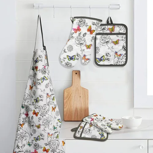 Miniatura 8 de Alselo Manoplas de horno y soportes para ollas con delantal Chaf, juego de 5 guantes de cocina resistentes al calor y agarraderas antideslizantes