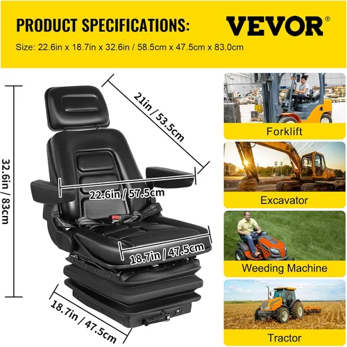 Miniatura 7 de VEVOR Asiento de suspensión con respaldo ajustable, reposacabezas y reposabrazos, asiento de carretilla elevadora con rieles deslizantes, plegable