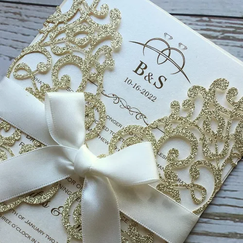Miniatura 6 de Kit de invitaciones de boda de 5.12 x 7.28 pulgadas, 20 unidades de champán en blanco, con purpurina, cortadas con láser, tarjetas de invitación
