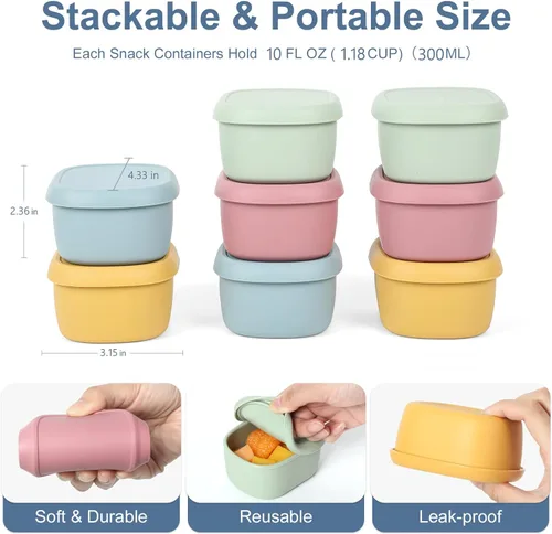 Miniatura 2 de 8 piezas recipientes de bocadillos de silicona de 10 oz para niños, pequeños recipientes de alimentos con tapas, contenedor de frutas para el 8 pza