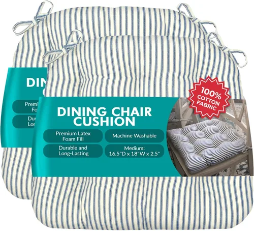 Miniatura 98 de Barnett Home Decor Ticking Stripe Berlin Blue - Almohadilla para silla de comedor con lazos, tamaño mediano 18, relleno de espuma de látex, lavable