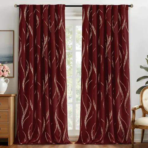 Miniatura 63 de Yakamok Cortinas opacas de 84 pulgadas de largo para sala de estar, con aislamiento térmico, patrón de líneas onduladas doradas, patrón de puntos