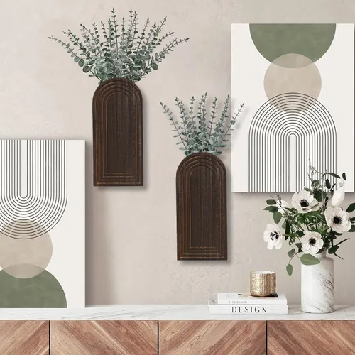 Miniatura 4 de Dnnnii Juego de 2 jarrones de pared de madera, acabado marrón oscuro, decoración de pared moderna de granja y bohemio para entrada, pasillo, baño