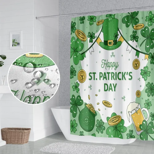Miniatura 3 de Cortina de ducha para el día de San Patricio, sombrero de trébol verde, monedas doradas, cortina de ducha de vidrio de cerveza, juego de decoración