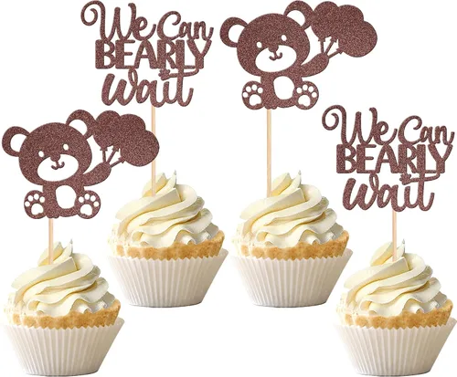 Miniatura 14 de 24 PIEZAS Oso de Peluche con Texto "We Can Bearly Wait" Adornos de Cupcake con Purpurina, Globo Oso para Revelación de Género, Adornos de Baby