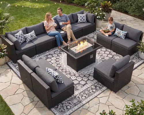 Miniatura 101 de NICESOUL Juego de muebles de patio para exteriores de 7 piezas con mesa para hoguera, gas natural y propano convertible, respaldo alto de 29.3