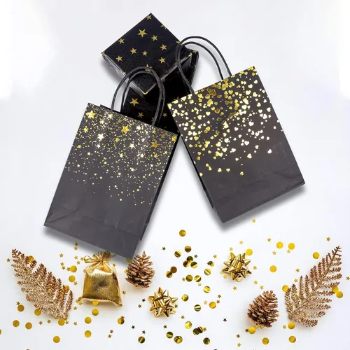 Miniatura 7 de Sharlity Bolsas de regalo pequeñas de color negro y dorado, 24 bolsas de papel de fiesta con papel de seda de estrella para Halloween, Año Nuevo