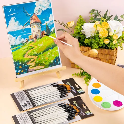 Miniatura 7 de YGAOHF Flat Filbert - Juego de 24 pinceles de nailon para acuarela acrílica, aceite gouache, detalles de manualidades, pintura corporal y cara, kit