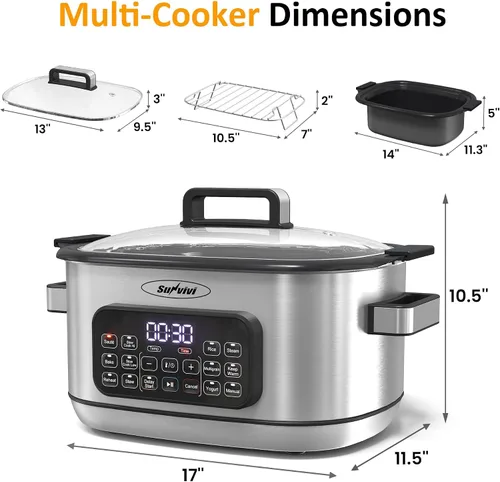 Miniatura 7 de Sunvivi Horno Asador de Cocción Lenta Multi 12 en 1, 6.5QT Plateado Digital Programable con Rejilla, Recipiente Antiadherente Grande Extraíble, Tapa