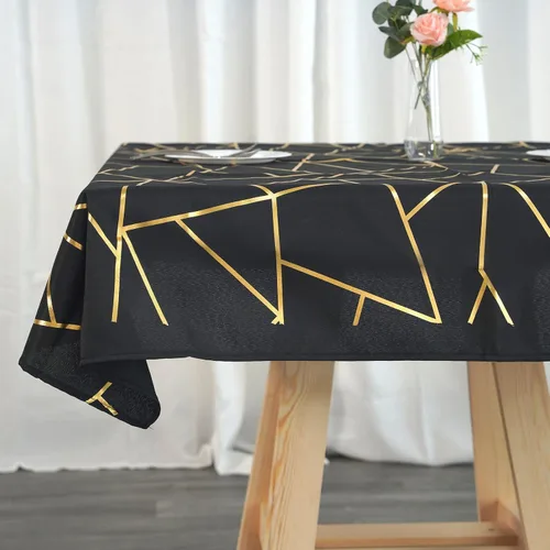 Miniatura 4 de Mesa cuadrada de poliéster de 54 x 54 pulgadas, color negro con diseño geométrico metálico dorado