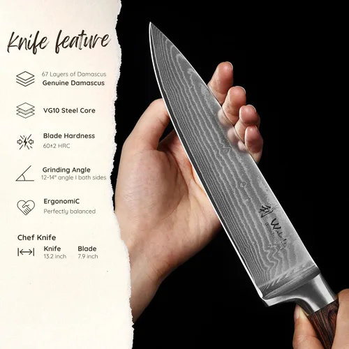 Miniatura 6 de Wakoli EDIB Cuchillo de chef Damasco – Cuchillo de cocina de estilo japonés de 7.9 pulgadas, hoja de acero de Damasco de 67 capas con núcleo VG10, 1