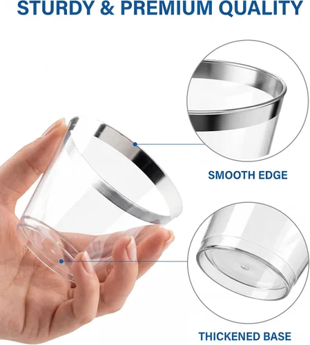 Miniatura 5 de Nervure 120 vasos de plástico plateados, vasos de plástico con borde plateado de 9 onzas, vaso de plástico resistente con borde plateado, perfecto