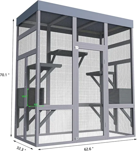Miniatura 5 de Catio grande de 70 pulgadas para gatos al aire libre, jaula para gatos al aire libre con cubierta impermeable, plataformas de salto de madera