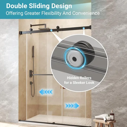Miniatura 2 de Puerta de ducha doble deslizante de 44"-48" de ancho x 76" de alto, vidrio templado transparente sin marco de 5/16" (8mm) con revestimiento Nano